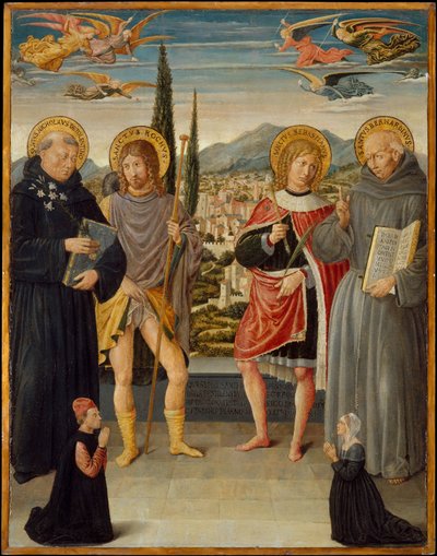 Saints Nicholas of Tolentino, Roch, Sebastian, and Bernardino of Siena, with Kneeling Donor by Benozzo di Lese di Sandro Gozzoli